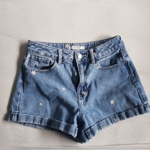 PacSun Raining Daisy Embroidered High Waisted Denim Mom Shorts